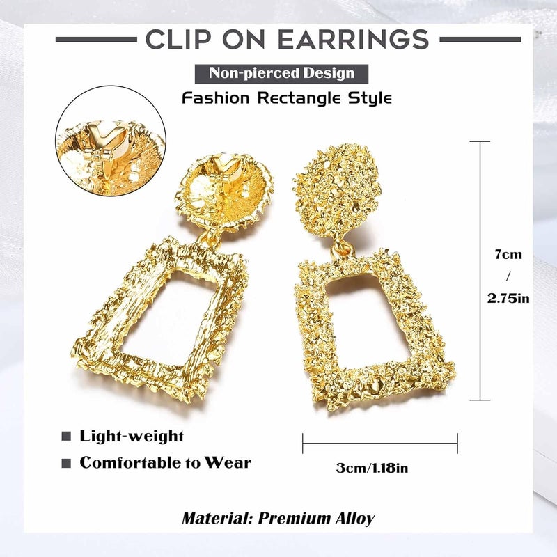 Jstyle Gold Statement Clip On Earrings for Women, Big Rectangle Geometric Dangle Clip Earrings Fashion Large Gold Silver Hot Pink Drop Earrings for Women Non Pierced - Image 3